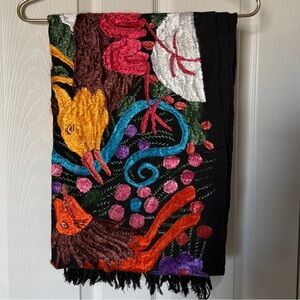 Vintage Linen Hand Embroidered Folk Runner Birds Animals 67” Fringed